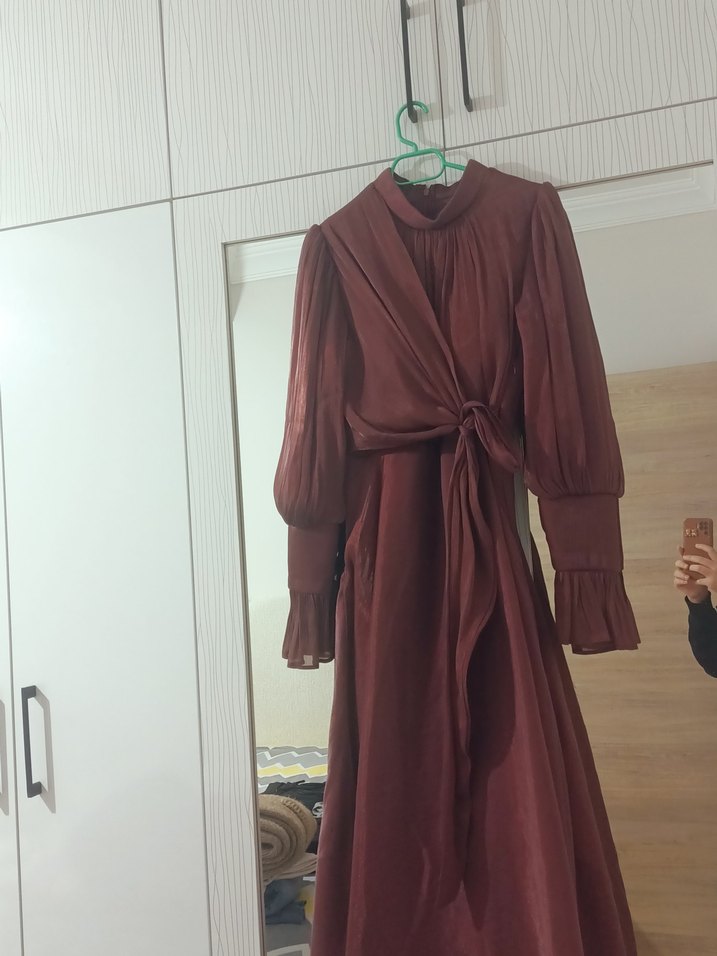 Bordo Uzun Kollu Salaş Uzun Elbise (abiye) - Görsel 3