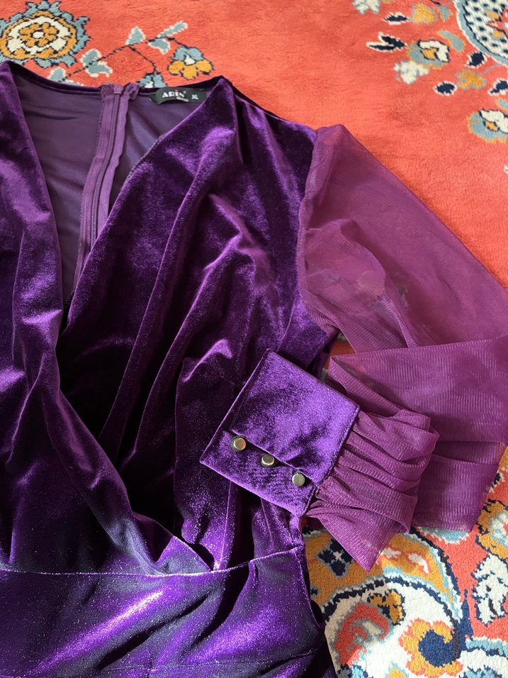 Mor Uzun Kollu Drapeli Kadın Tulum - Görsel 4