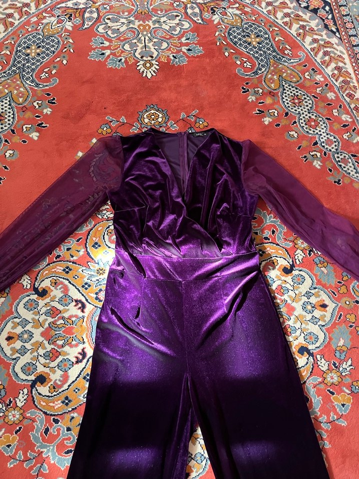 Mor Uzun Kollu Drapeli Kadın Tulum - Görsel 3