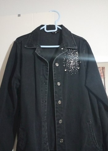 44 Beden Taşlı düğmeli Antrasit rengi Midi Denim Ceket