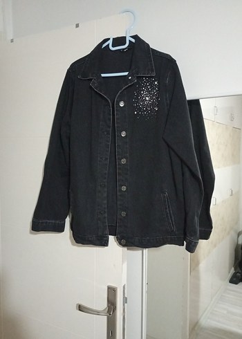 Taşlı düğmeli Antrasit rengi Midi Denim Ceket