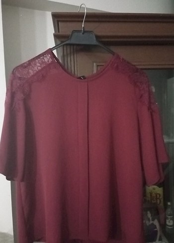 l Beden bordo Renk Bordo Dantel Detaylı Kısa Kollu Kadın Bluz
