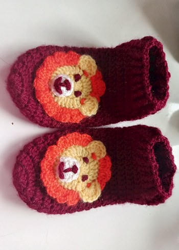 Çocuk Bordo Örgü Bot Patik Aslan Figürlü - Görsel 2