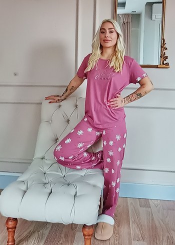Pembe Çiçek Desenli Kısa Kollu #Kadın Pijama Takımı - Görsel 6
