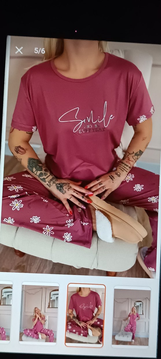 Pembe Çiçek Desenli Kısa Kollu #Kadın Pijama Takımı - Görsel 5