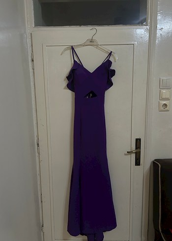 Mor V Yakalı Uzun Abiye Elbise - Görsel 5
