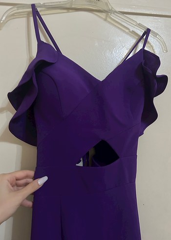 Mor V Yakalı Uzun Abiye Elbise - Görsel 2