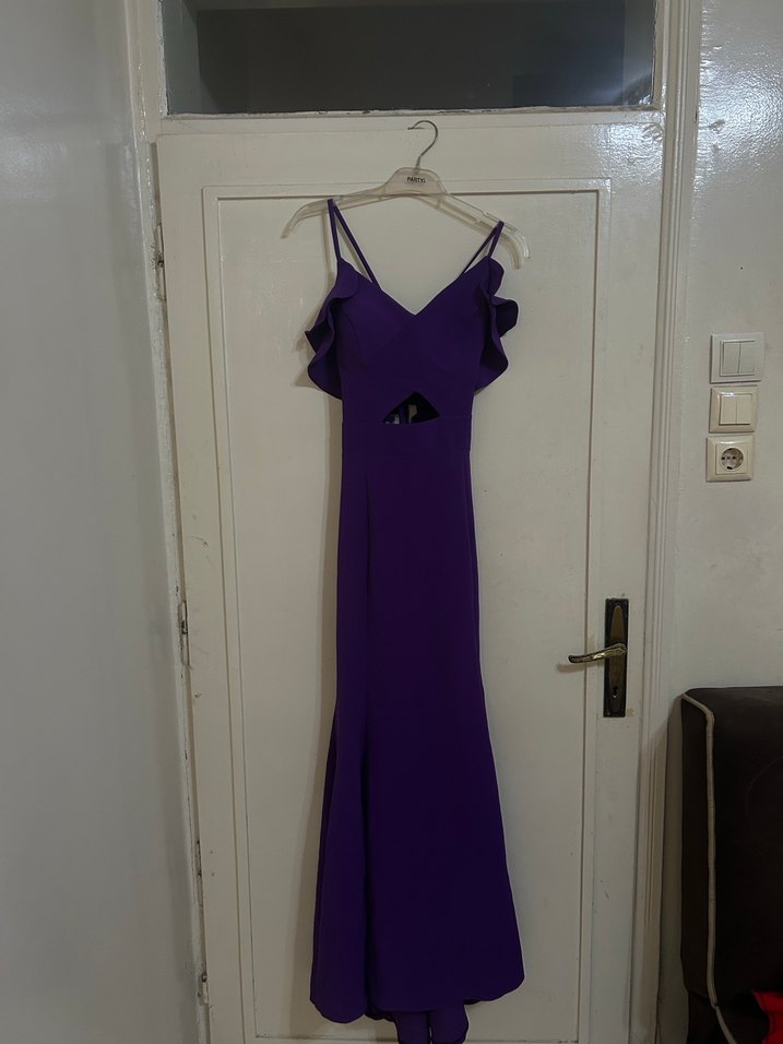 Mor V Yakalı Uzun Abiye Elbise - Görsel 5