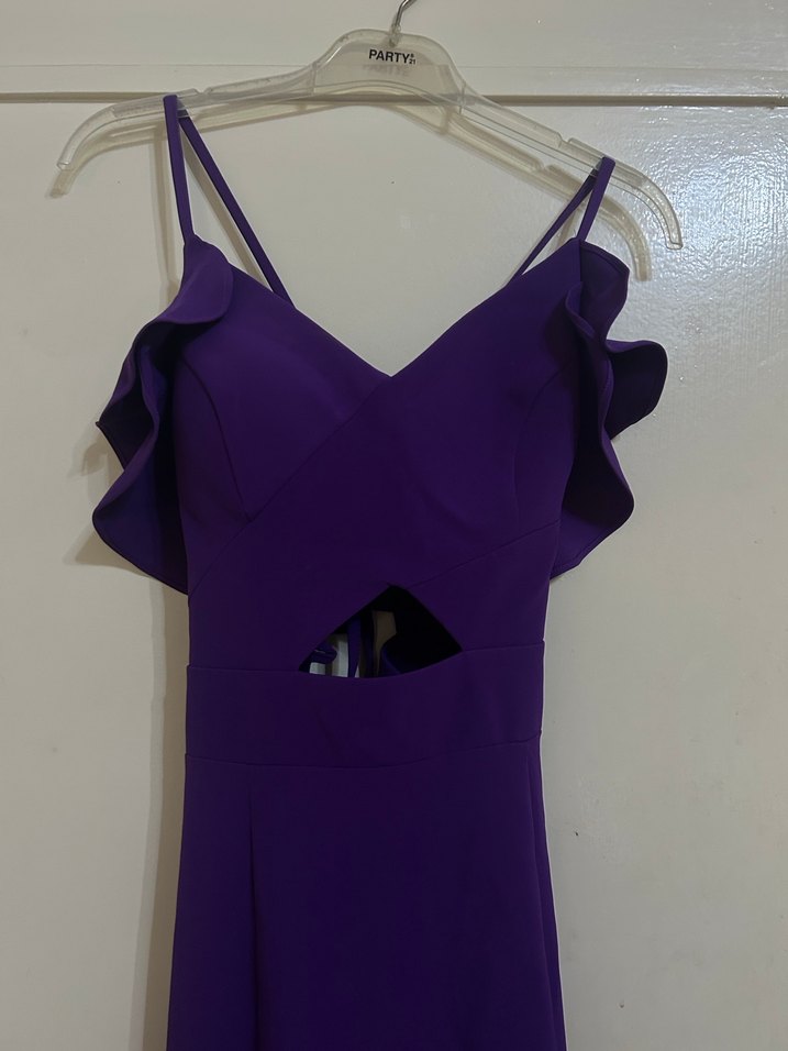 Mor V Yakalı Uzun Abiye Elbise - Görsel 3