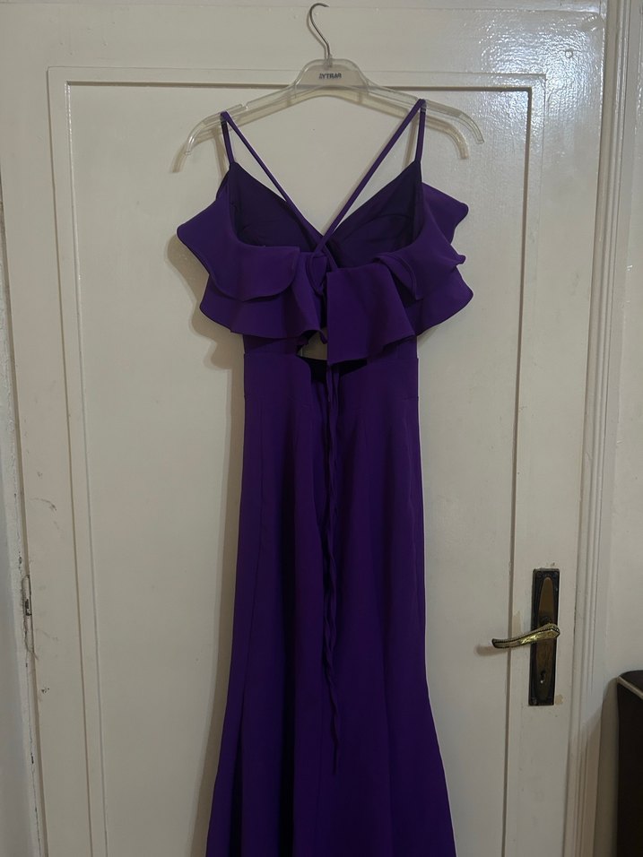 Mor V Yakalı Uzun Abiye Elbise - Görsel 4