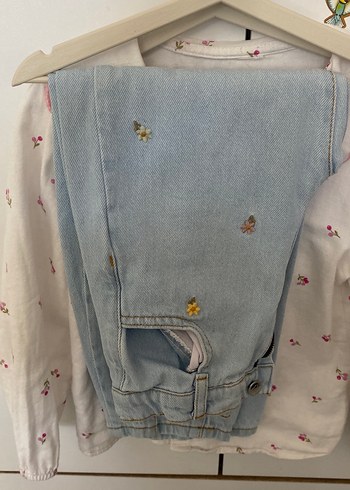 Nakışlı Pamuklu Beyaz Kız Gömlek Kot Pantolon - Görsel 3