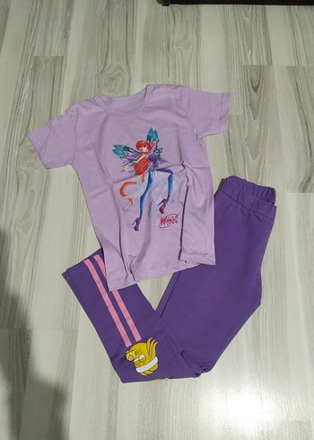 Mor Baskılı Kız Tayt Velcro Detaylı - Görsel 2