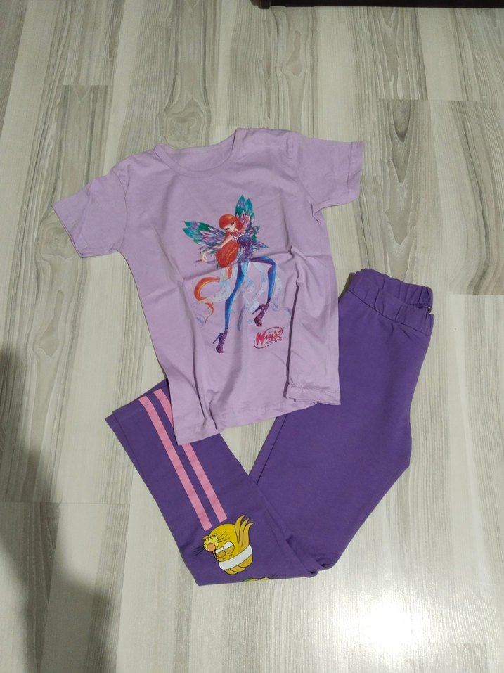 Mor Baskılı Kız Tayt Velcro Detaylı - Görsel 2