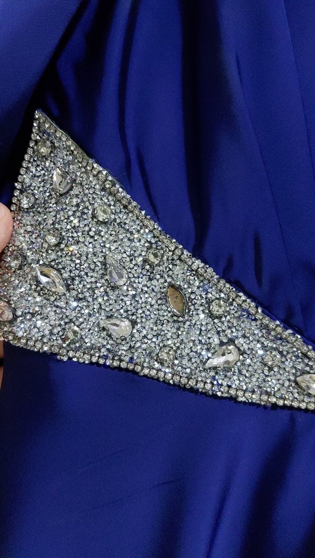 Uzun Lacivert Yüksek Yakalı Kadın Abiye Elbise - Görsel 3