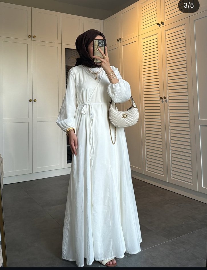 Beyaz Uzun pamuklu elbise - Görsel 2