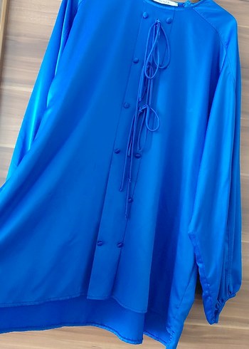 Mavi Saten Düğmeli gömlek - Görsel 2