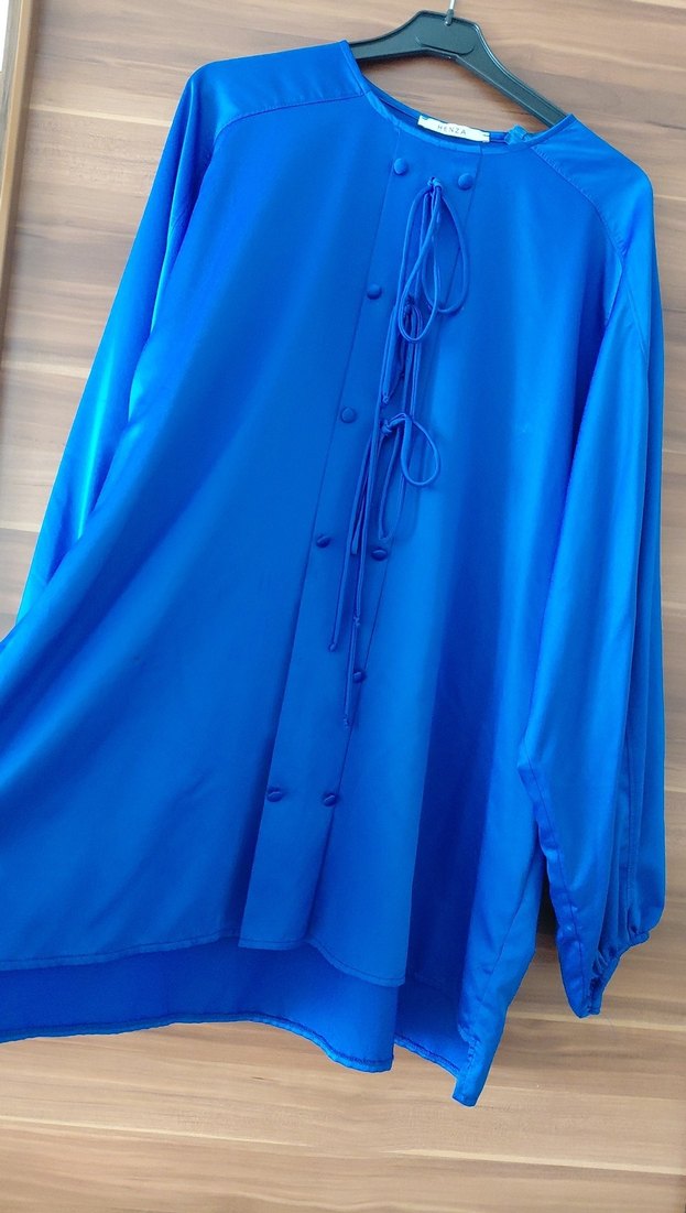 Mavi Saten Düğmeli gömlek - Görsel 2