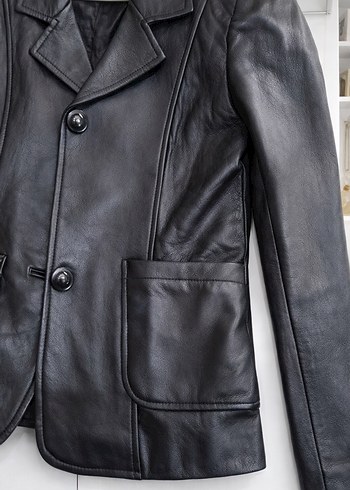 Düğmeli Siyah gerçek Deri Kadın Ceket - Görsel 2