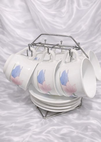 Pastel Desenli 6'lı Kahve Fincan Seti ve Metal Standı - Görsel 3