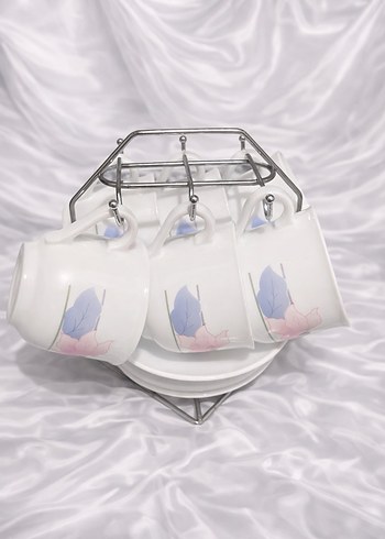 Pastel Desenli 6'lı Kahve Fincan Seti ve Metal Standı - Görsel 2