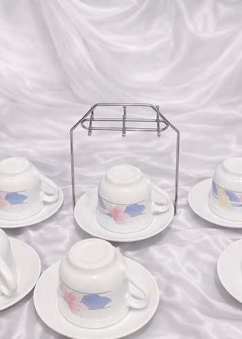 Pastel Desenli 6'lı Kahve Fincan Seti ve Metal Standı - Görsel 4