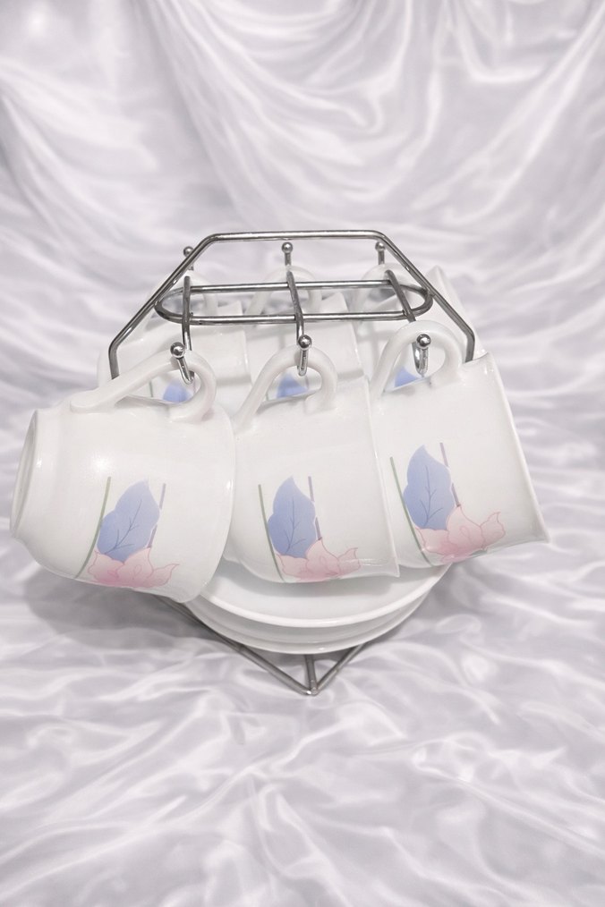 Pastel Desenli 6'lı Kahve Fincan Seti ve Metal Standı - Görsel 2