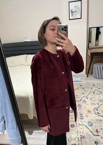 Bordo Kadife Düğmeli Kadın Kaban - Görsel 6