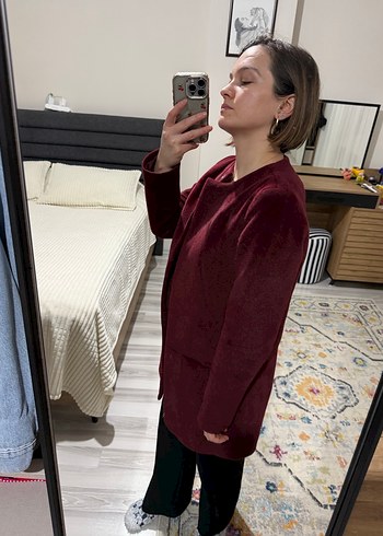 Bordo Kadife Düğmeli Kadın Kaban - Görsel 5