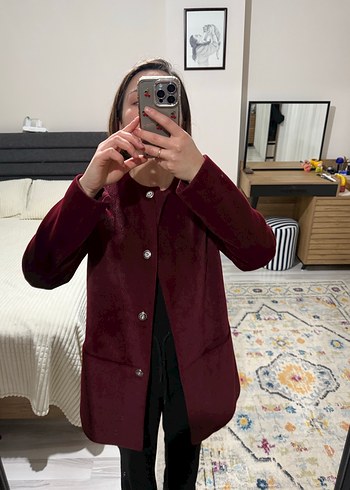 Bordo Kadife Düğmeli Kadın Kaban - Görsel 4