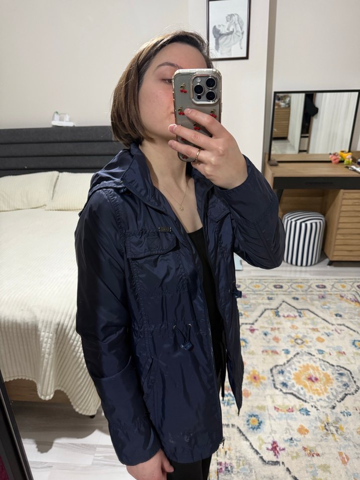 Kadın Mavi Kapüşonlu Fermuarlı Ceket - Görsel 5