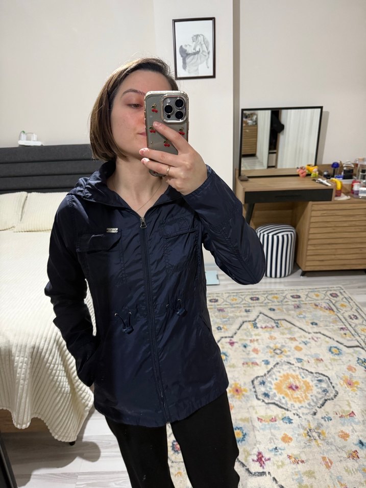 Kadın Mavi Kapüşonlu Fermuarlı Ceket - Görsel 4