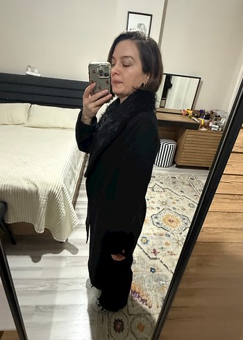 Siyah Yün Kaban, Kürklü Yaka - Görsel 6