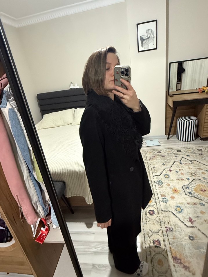 Siyah Yün Kaban, Kürklü Yaka - Görsel 5