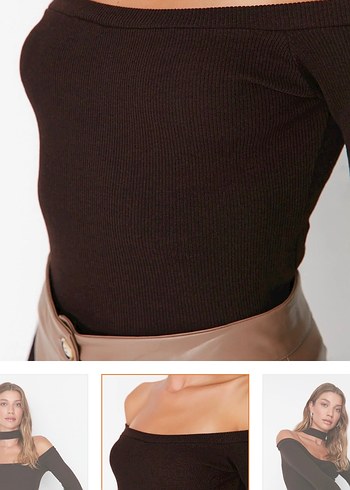 Kadın Acı Kahve Omuz Dekolteli Uzun Kollu Bluz - Görsel 2