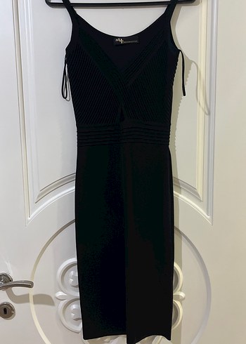 Siyah  V Yakalı pencereli midi boy Abiye Elbise - Görsel 2