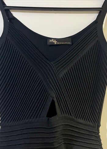 Siyah  V Yakalı pencereli midi boy Abiye Elbise - Görsel 3