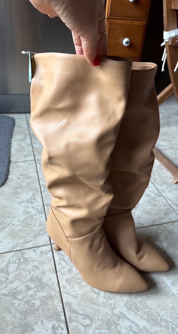 Bej Deri Drapeli Stiletto Kadın Çizme - Görsel 2