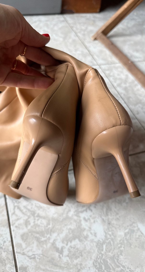 Bej Deri Drapeli Stiletto Kadın Çizme - Görsel 4