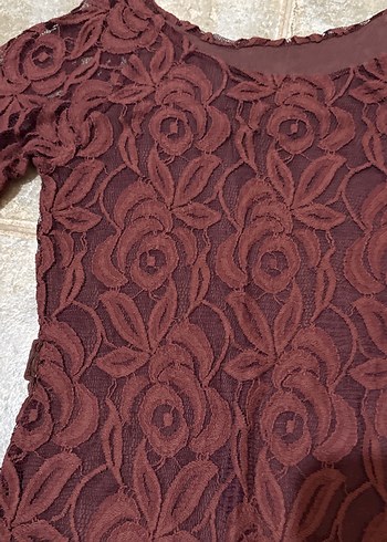 Bordo Nakışlı Dantel Detaylı Uzun abiye elbise - Görsel 4