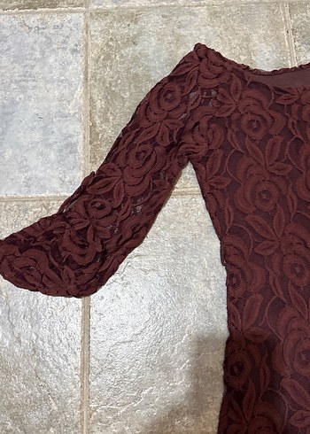 Bordo Nakışlı Dantel Detaylı Uzun abiye elbise - Görsel 3