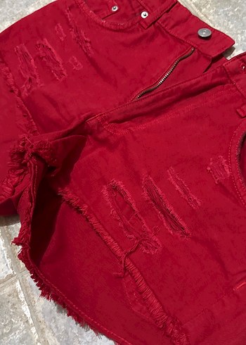 Kadın Koyu Kırmızı Mini Denim Şort - Görsel 2