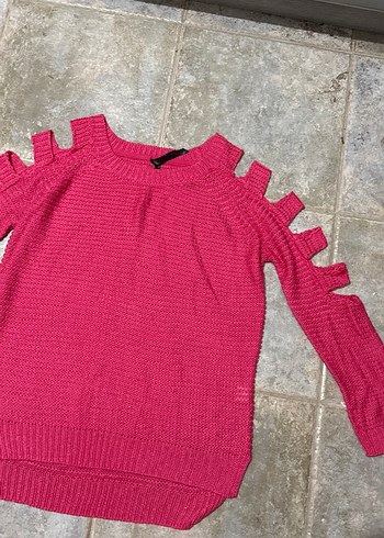 Pembe Örgü Kadın Triko Kazak kesik kol detaylı - Görsel 2