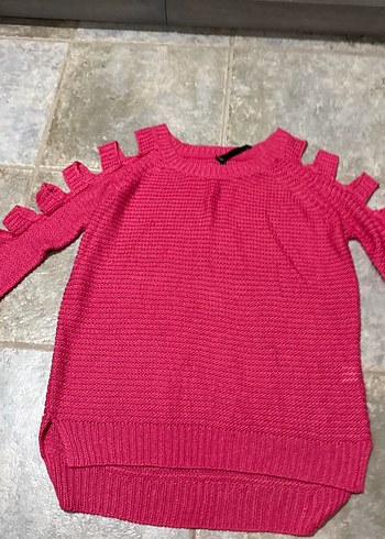 Pembe Örgü Kadın Triko Kazak kesik kol detaylı - Görsel 3