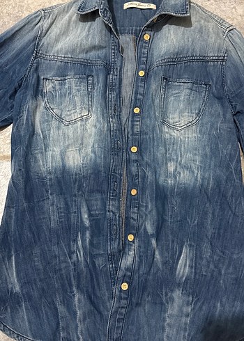 Düğmeli Batik Desenli Kot Gömlek - Görsel 2