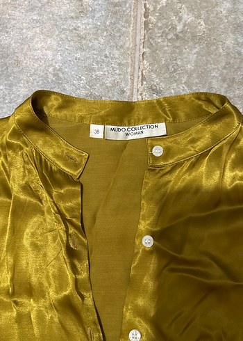 Hardal sarı saten Düğmeli Kadın Gömlek - Görsel 3