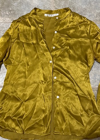 Hardal sarı saten Düğmeli Kadın Gömlek - Görsel 2