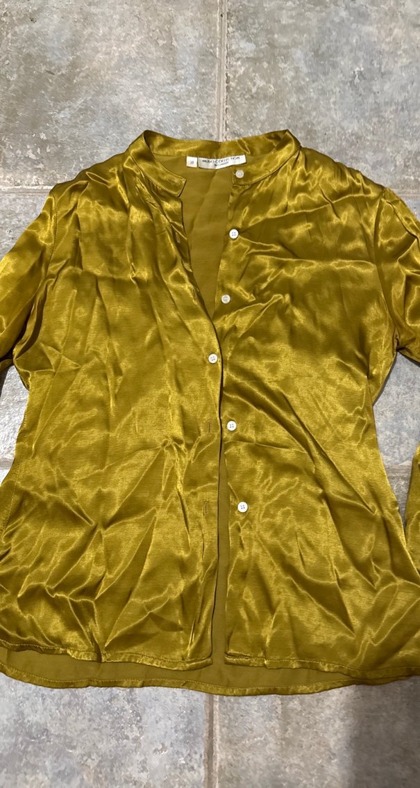 Hardal sarı saten Düğmeli Kadın Gömlek - Görsel 2