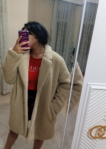H&M Bej Peluş Kadın Midi Kaban