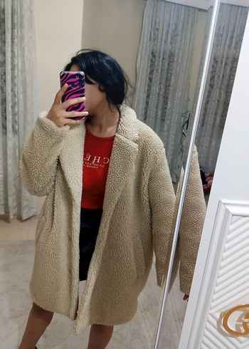 Bej Peluş Kadın Midi Kaban