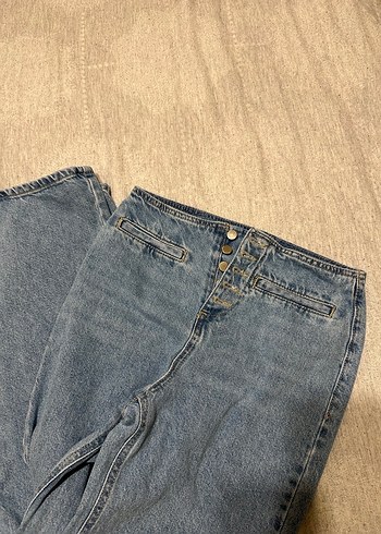 Düğmeli Gri Kadın Denim Pantolon - Görsel 2